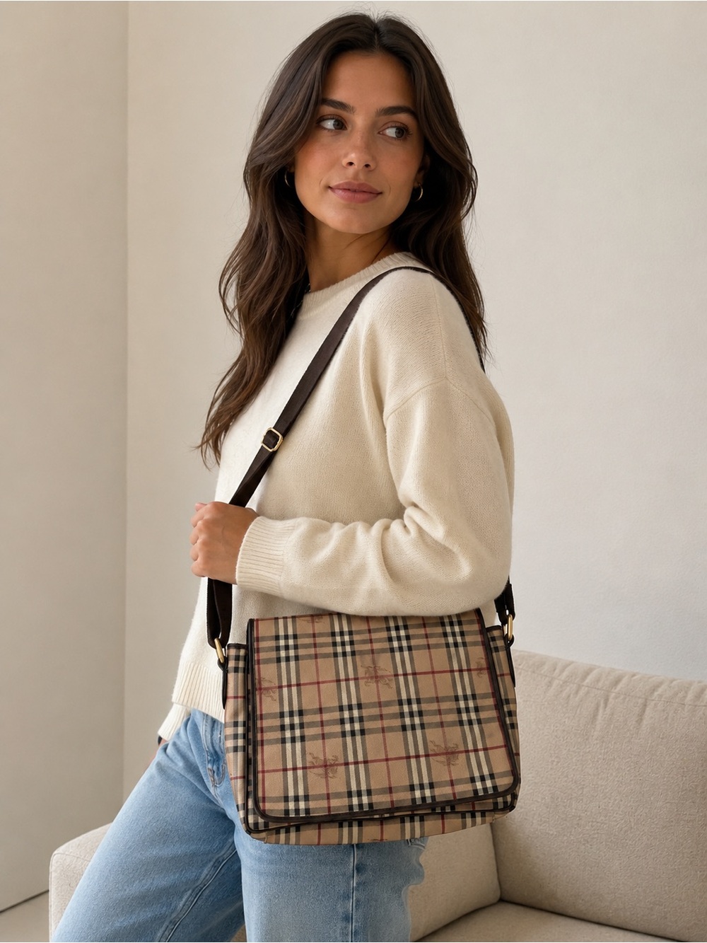 Burberry Haymarket Check Coated Canvas Messenger Bag.